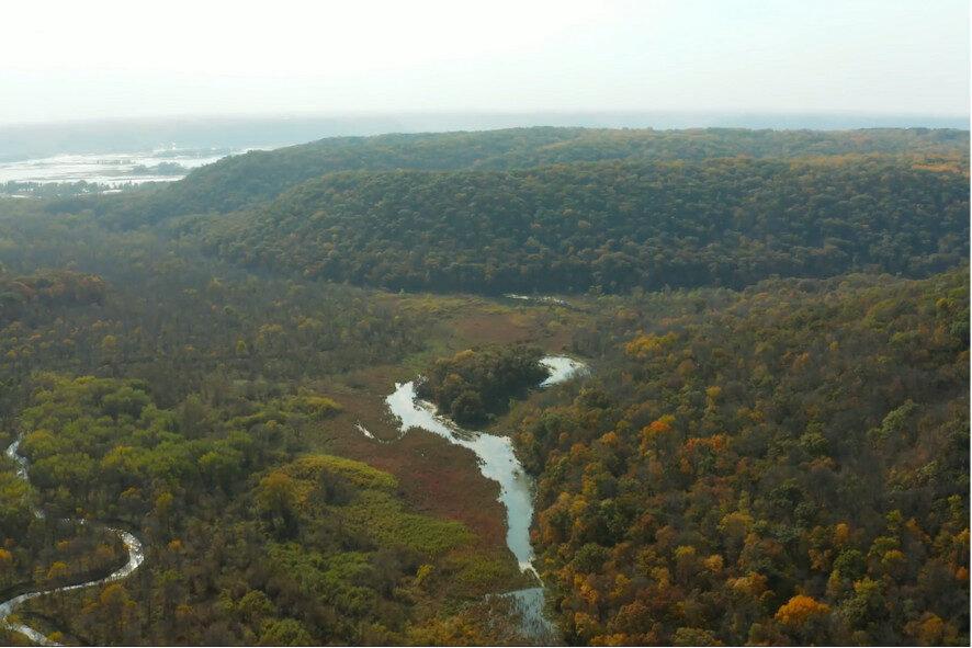 aerial view of Rush Creek surrounded by bluffs