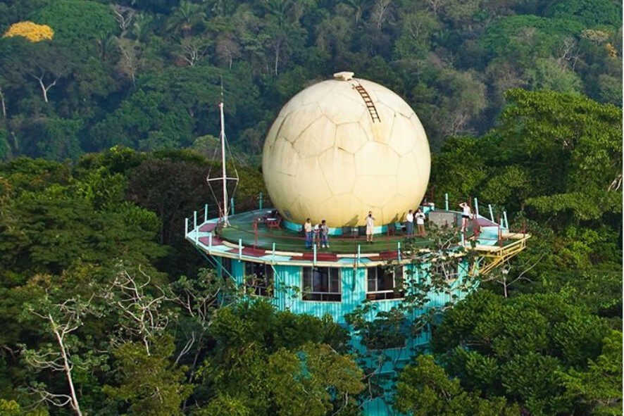 aerial view of a tower in a rainforest