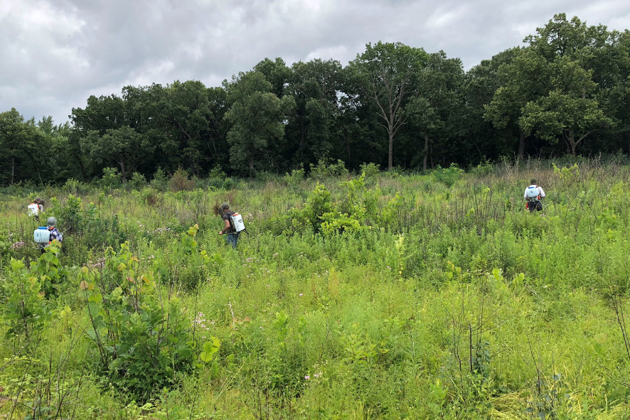 people spraying pesticides in a prairie