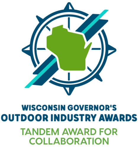 graphic of a compass with the outline of the state of Wisconsin in the center with text that reads Wisconsin Governor's Outdoor Industry Awards Tandem Award for Collaboration