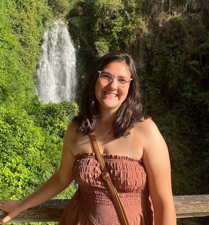 person standing next to a railing in front of a waterfall