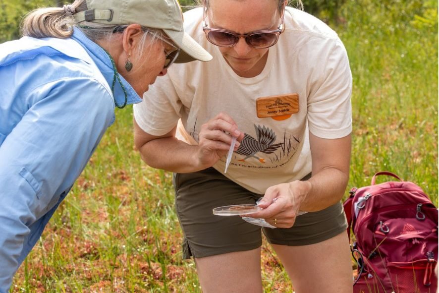 Field trip leader shows a participant a sample in a petri dish out in the field