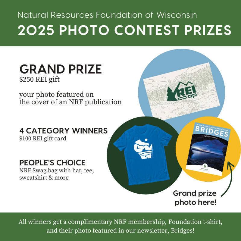 Graphic that reads Natural Resources Foundation of Wisconsin 2025 Photo Contest prizes value), $250 REI gift card, your photo featured on the cover of an NRF publication, 4 category winners $100 REI gift card People's Choice NRF swag bag with hat, tee, sweatshirt, and more. All winners get a complimentary NRF membership, Foundation t-shirt, and their photo featured in our newsletter, Bridges