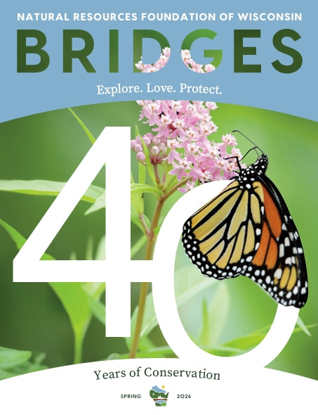 Image of autumnal leaves on the shoreline of the Wisconsin River with text that reads Natural Resources Foundation of Wisconsin Bridges Explore. Love. Protect. Fall 2025