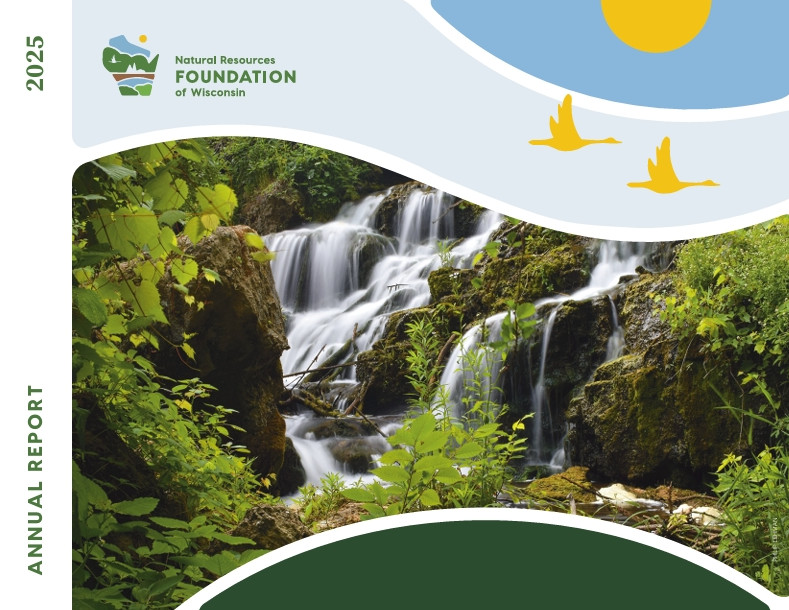 Bridges cover with image of the view of a lake just before sunrise from the inside of a cave with text that reads Natural Resources Foundation of Wisconsin Bridges Explore. Love. Protect. Spring 2025