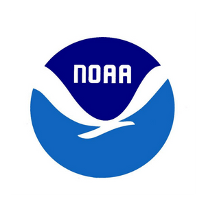 NOAA logo - dark and light blue circle with text inside the circle that reads NOAA